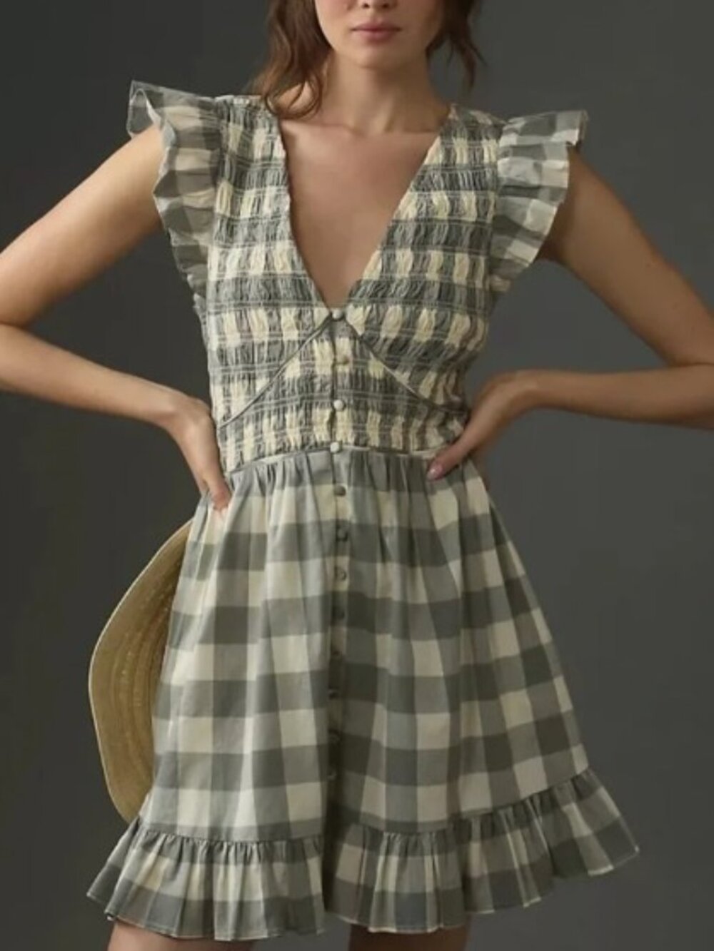 Anthropologie Gray and Cream Gingham Mini Dress